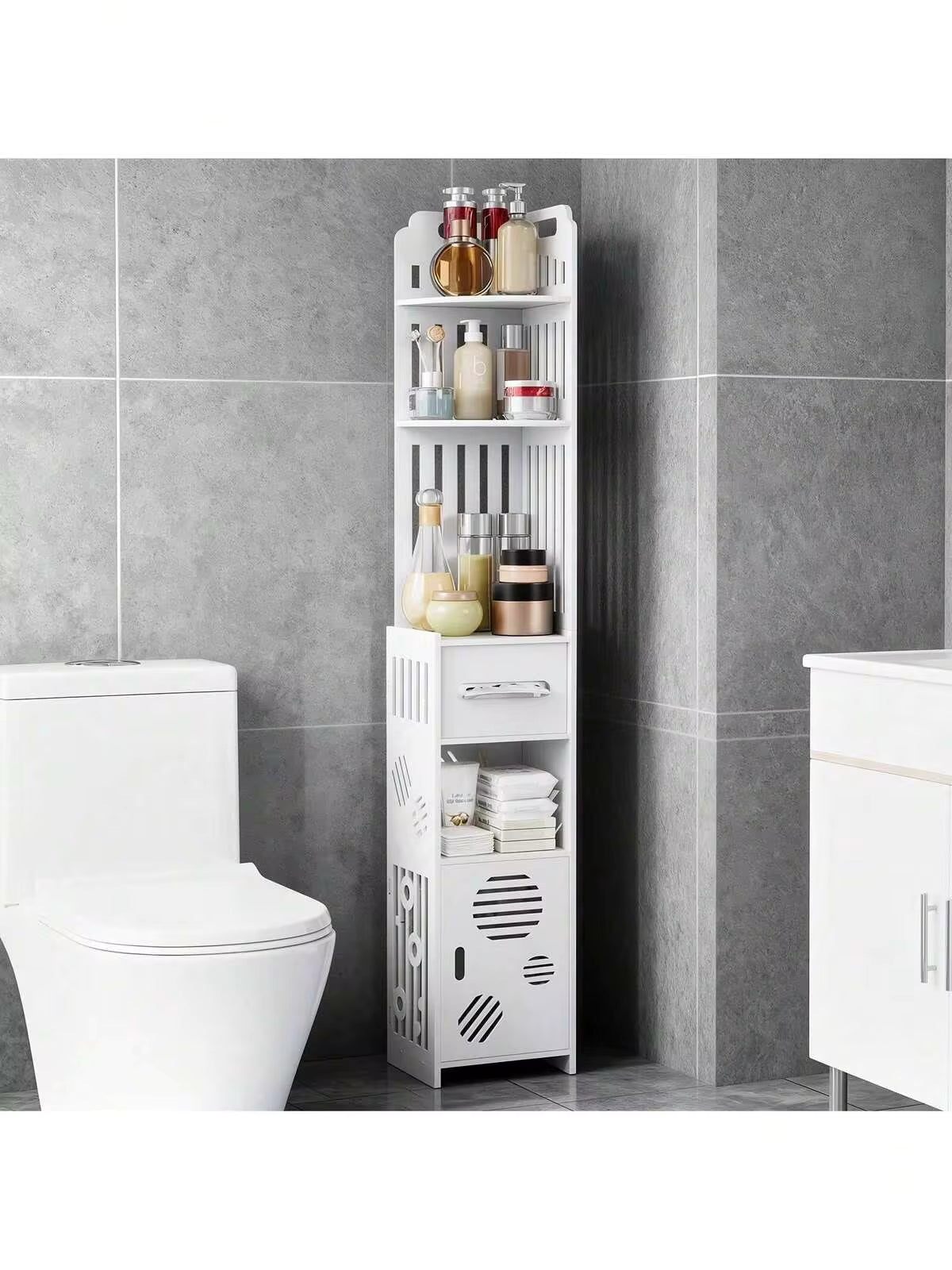 EZIFY 1PC Slim Corner Bathroom Storage Cabinet, Space-Saving Freestanding PVC Rack With Toilet Paper Holder, Easy Assembly Home Organizer Shelf