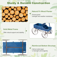 Rustic Wooden Wagon Planter, Decorative Garden Flower Cart with Metal Wheels & Adjustable Handle, Large Raised Bed Plant Stand for Patio Yard